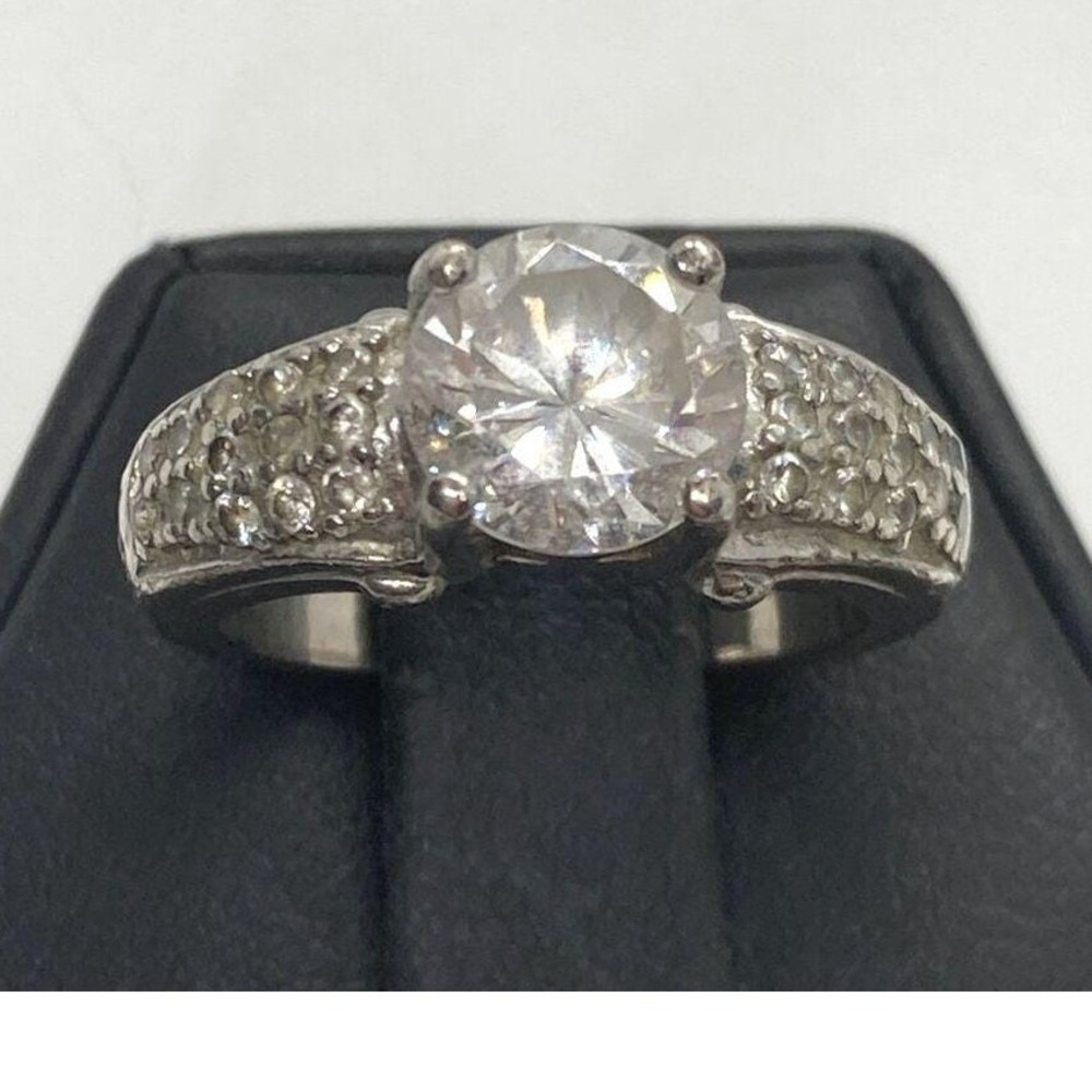 Vintage Round CZ Solitaire & Accents Band Ring Size 5.5 Sterling 925 Silver 6g